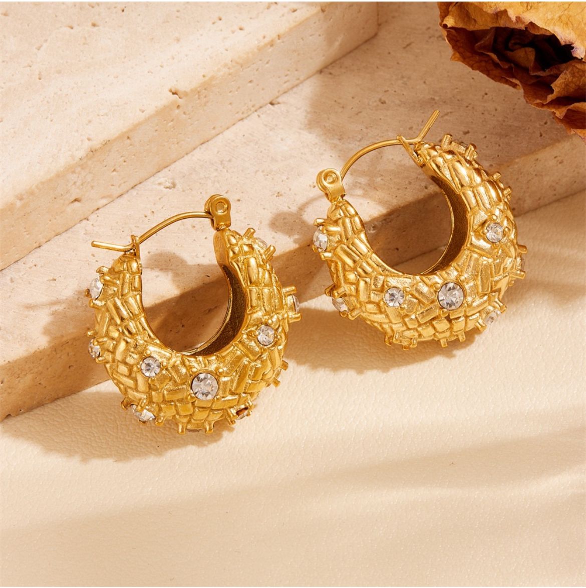 Textured Gold Crystal Hoop Earrings
