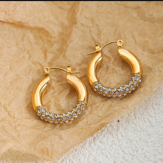 Gold Crystal Accent Hoop Earrings